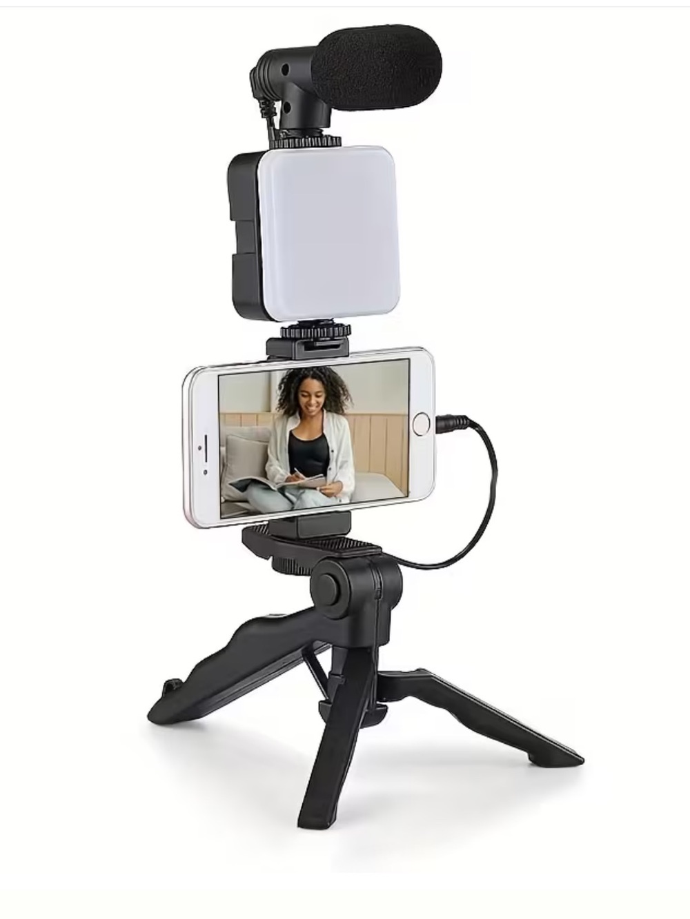 Compact Black Smartphone Tripod with LED Light and Microphone